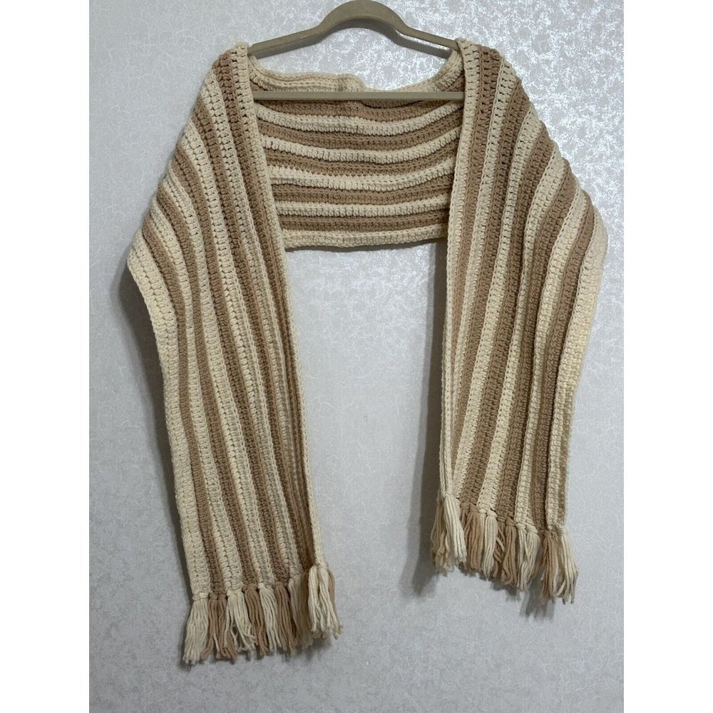 Handmade Crochet‎ Striped Scarf Shawl With Fringe Tan & Cream 10" x 6'